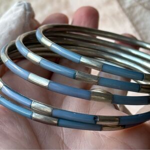 Vintage Blue Enamel & Brass Bangle Set – Stack of 5